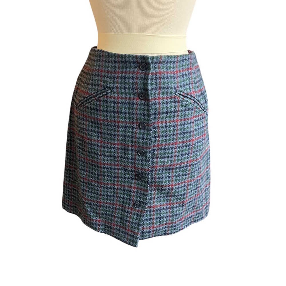 Herman Geist 6 grey and green houndstooth check button front wool blend skirt